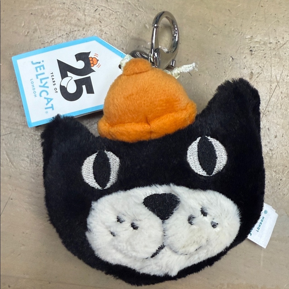 Jellycat Black and White Cat Keychain with Orange Hat